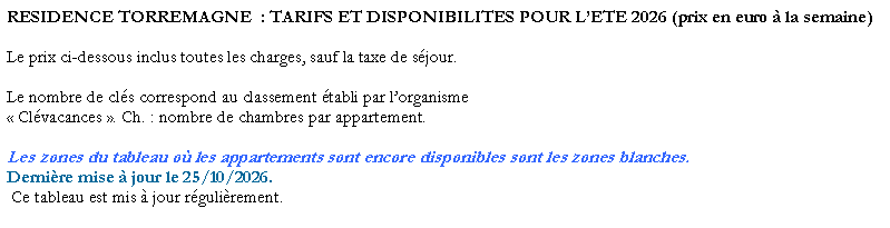 Zone de Texte: RESIDENCE TORREMAGNE  : TARIFS ET DISPONIBILITES POUR L�ETE 2026 (prix en euro � la semaine)Le prix ci-dessous inclus toutes les charges, sauf la taxe de s�jour. Le nombre de cl�s correspond au classement �tabli par l�organisme � Cl�vacances �. Ch. : nombre de chambres par appartement.Les zones du tableau o� les appartements sont encore disponibles sont les zones blanches.Derni�re mise � jour le 25/10/2026. Ce tableau est mis � jour r�guli�rement.