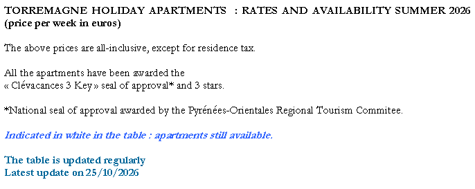 Zone de Texte: TORREMAGNE HOLIDAY APARTMENTS  : RATES AND AVAILABILITY SUMMER 2026 (price per week in euros)The above prices are all-inclusive, except for residence tax. All the apartments have been awarded the � Cl�vacances 3 Key � seal of approval* and 3 stars. *National seal of approval awarded by the Pyr�n�es-Orientales Regional Tourism Commitee.Indicated in white in the table : apartments still available.The table is updated regularlyLatest update on 25/10/2026